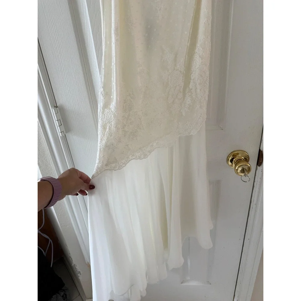 Delicates Ivory Lace Swiss Dot Asymmetrical Slip Dress Small Bridal Nightgown